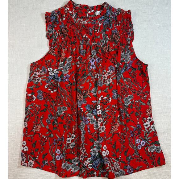 Kenar Red Holiday Floral Sleeveless Smocked Blouse Women’s Size M Christmas Top - Picture 1 of 8
